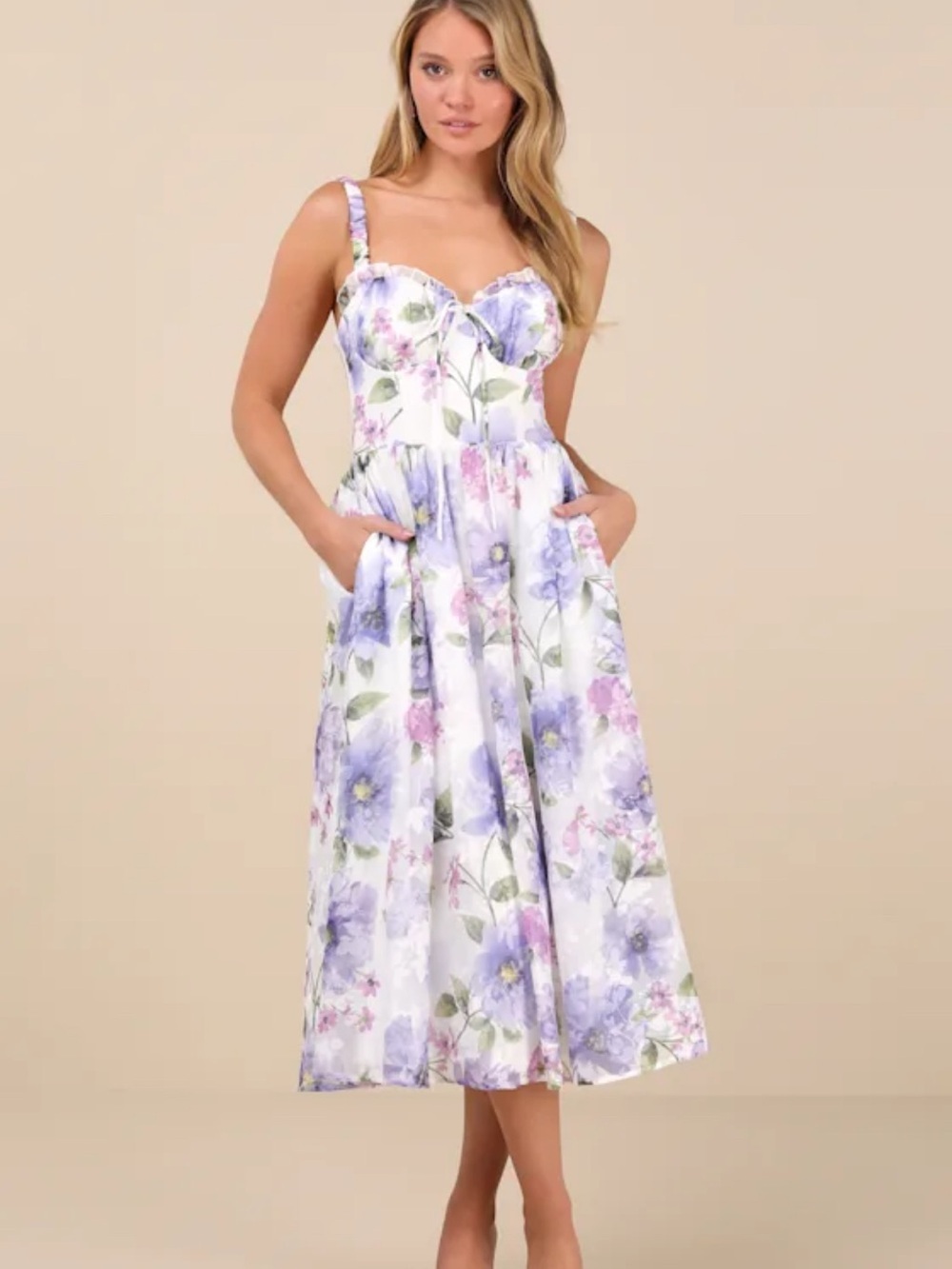NEW Lulus Hillela Ivory Floral Ruffled Lace-Up Midi Skater Dress size large